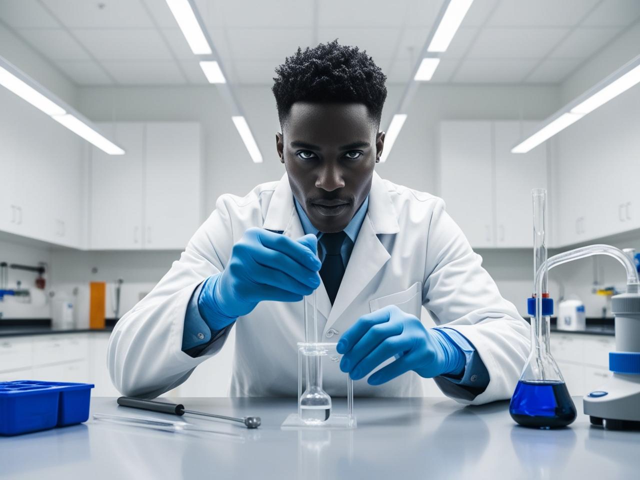 A focused scientist in a white lab coat and blue gloves conducting an experiment in a modern laboratory. He carefully transfers liquid using a pipette into a beaker, surrounded by scientific equipment, including a flask with a vibrant blue solution. The sterile white environment and bright overhead lighting emphasize precision and dedication in his research.