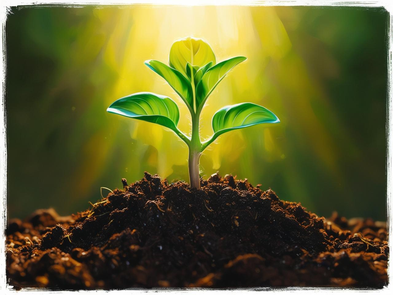 A young green seedling emerges from rich, dark soil, bathed in warm golden sunlight. The vibrant leaves reach toward the light, symbolizing growth, new beginnings, and resilience. The blurred green background enhances the focus on the plant, creating a serene and hopeful atmosphere.