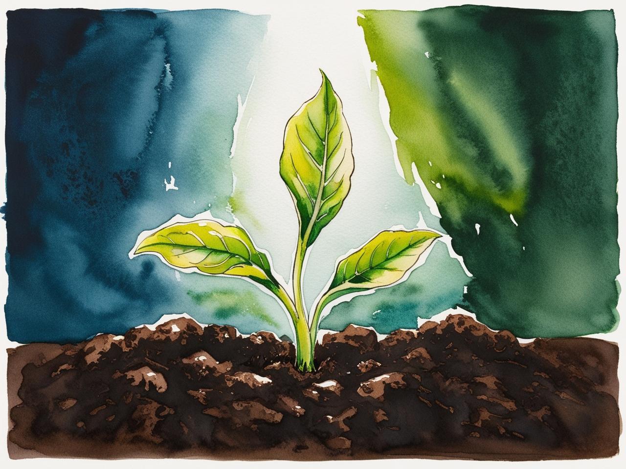 A watercolor painting of a young green seedling sprouting from rich, dark soil, illuminated by soft light. The background features deep blue and green abstract washes, adding depth and contrast to the vibrant leaves. The artwork conveys a sense of growth, renewal, and the beauty of new beginnings.