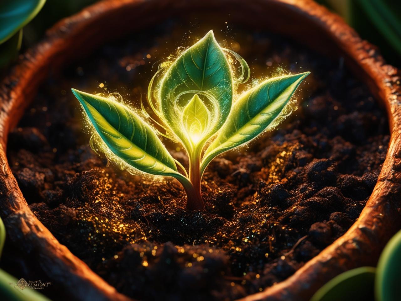 A glowing green seedling sprouts from dark, rich soil in a terracotta pot, surrounded by sparkling golden energy. The leaves emit a soft, magical light, creating an ethereal and enchanting atmosphere. The detailed texture of the soil and the warm glow suggest themes of growth, transformation, and vitality.