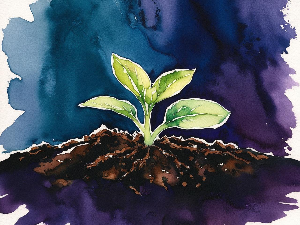 A watercolor painting of a vibrant green seedling sprouting from rich, textured soil, set against a deep blue and purple abstract background. The leaves of the plant appear delicate yet full of life, symbolizing growth and potential. The bold, fluid strokes of the watercolor medium enhance the dreamy, mystical atmosphere of the piece.