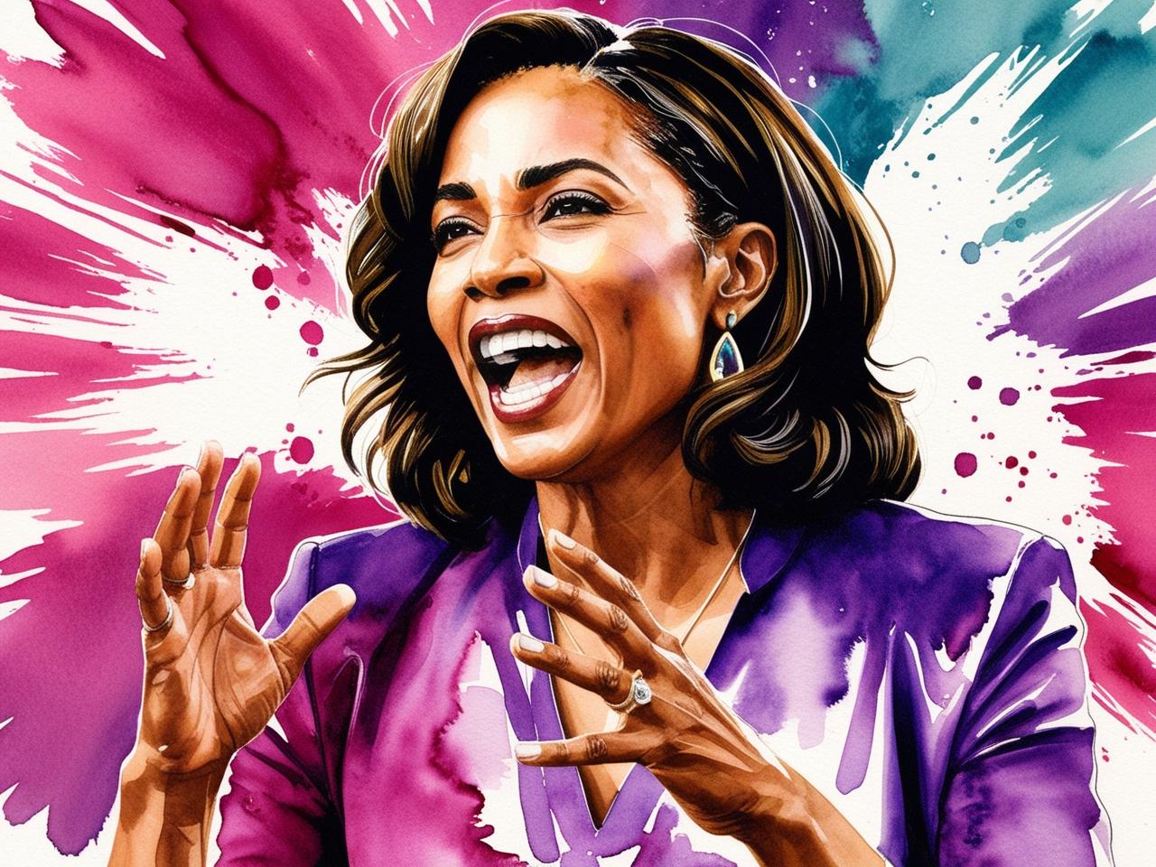 A bold watercolor-style illustration of a confident woman speaking passionately, her hands gesturing expressively. She wears a vibrant purple blazer and matching earrings, with a radiant smile and an engaging presence. The dynamic background features energetic splashes of pink, purple, and teal, enhancing the sense of power, charisma, and inspiration.