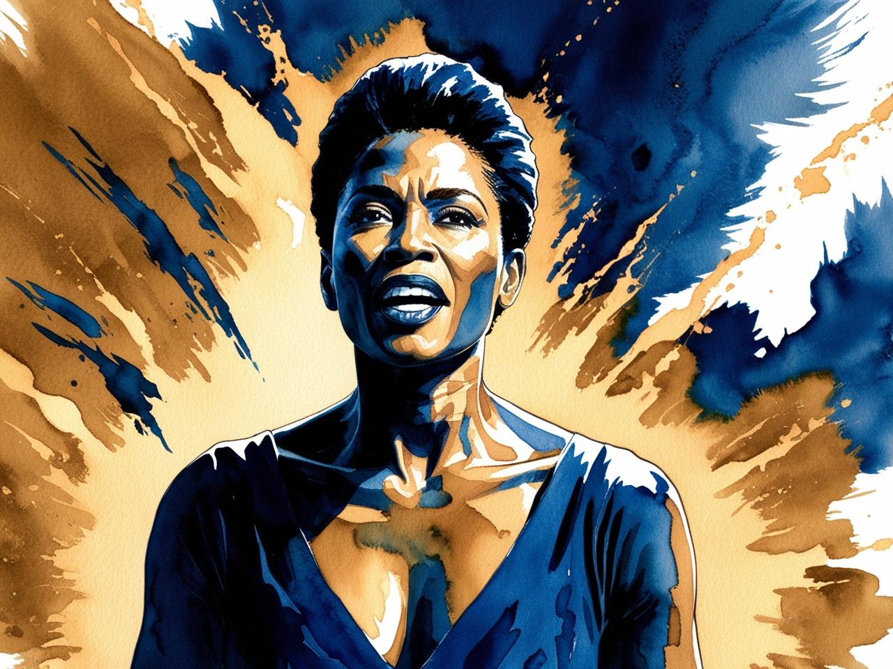 A striking watercolor-style illustration of a powerful woman speaking with emotion, her expression intense and determined. She wears a deep blue dress, and her figure is dramatically highlighted with bold contrasts of gold and navy. The background bursts with dynamic splashes of color, enhancing the feeling of strength, passion, and conviction.