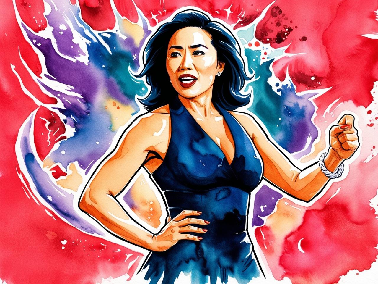 A bold watercolor-style illustration of a confident woman speaking with energy and passion, her arm raised in a strong gesture. She wears a deep blue dress, her dark hair flowing, and her expression exudes determination. The dynamic background bursts with red, purple, and blue splashes, enhancing the powerful and inspiring presence.