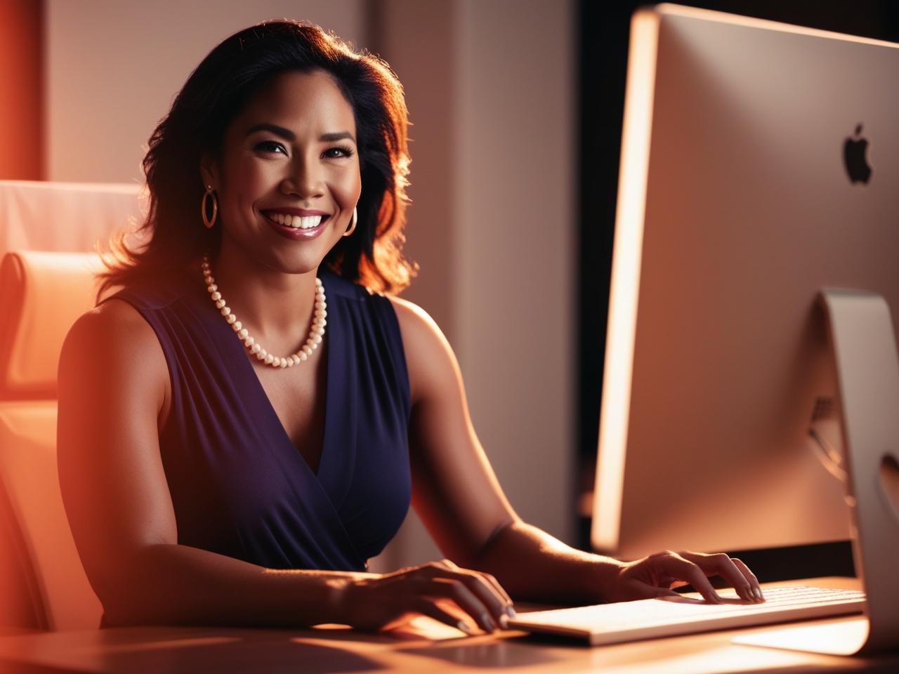 A confident woman sits at a sleek desk, smiling warmly while working on a computer. She wears a navy blue sleeveless dress, a pearl necklace, and gold hoop earrings, exuding professionalism and elegance. The soft, golden lighting casts a warm glow on her face, creating an inviting and empowered atmosphere.