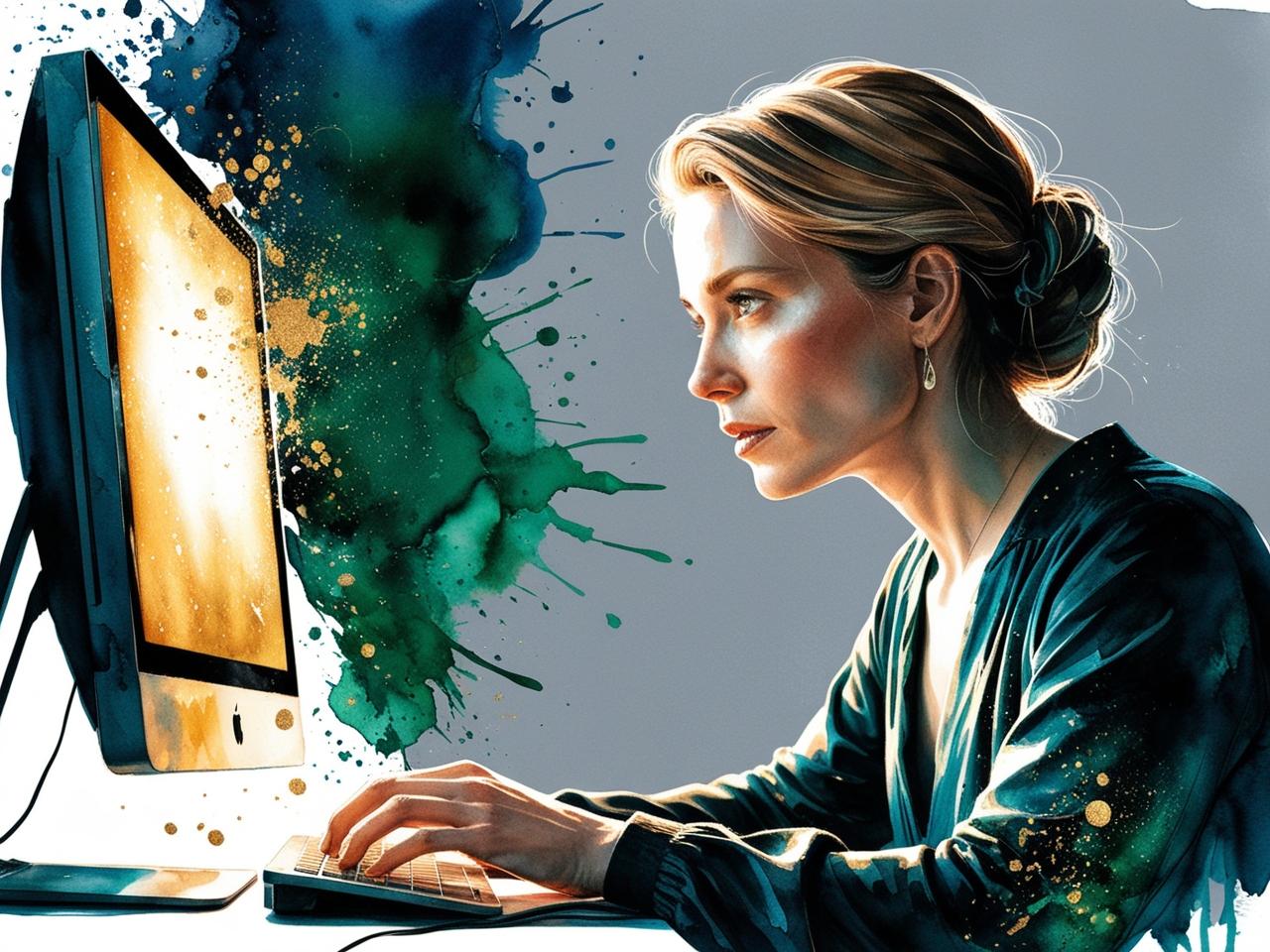 A striking watercolor-style illustration of a focused woman working on a computer, her gaze intense and determined. She wears a deep green blouse with gold accents, and her hair is elegantly pulled back into a bun. The background features dramatic splashes of green and gold blending into the scene, adding a mystical and creative energy.