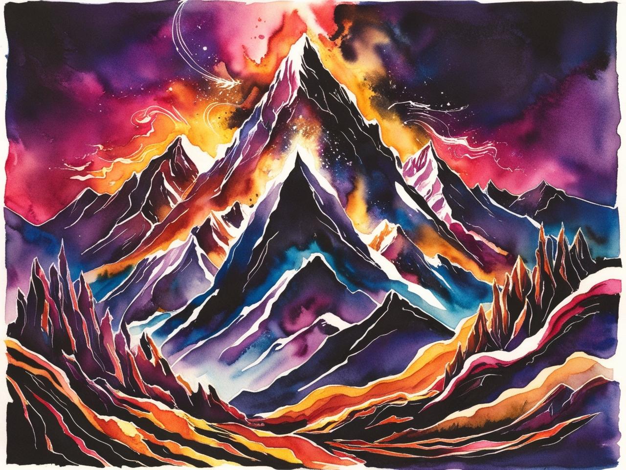 A vibrant watercolor-style illustration of a majestic mountain range set against a cosmic, fiery sky. The peaks are highlighted with deep purples, blues, and oranges, while swirling celestial patterns and glowing light add a mystical, dreamlike quality. The bold contrast of colors and fluid brushstrokes create a sense of wonder, adventure, and untamed beauty.