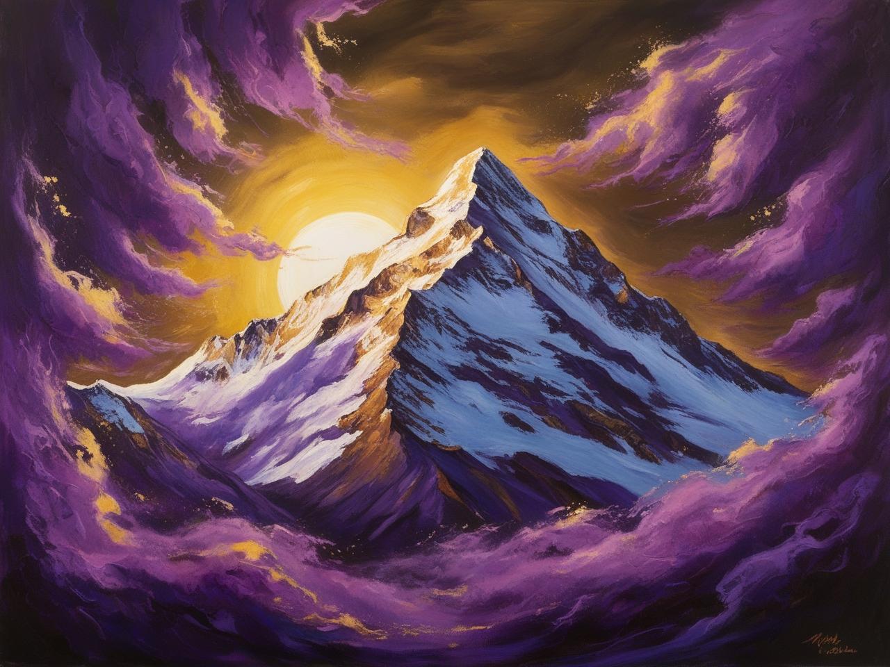 A dramatic digital painting of a towering snow-capped mountain bathed in golden light from a radiant sun. Swirling purple and gold clouds surround the peak, creating an ethereal and mystical atmosphere. The bold contrast of deep blues, purples, and warm sunlight gives the scene a sense of power, mystery, and wonder.