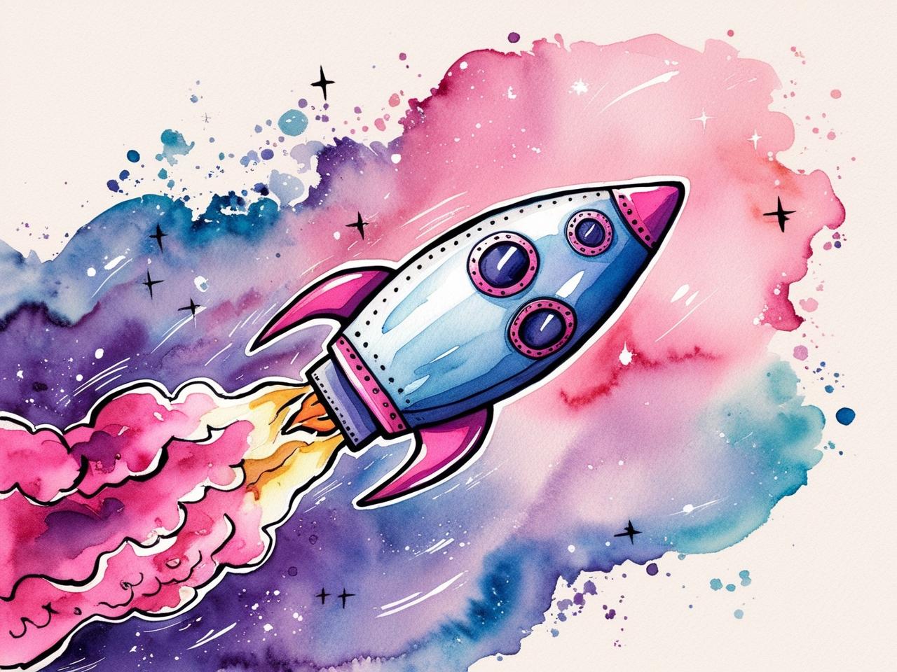 A whimsical watercolor-style illustration of a pastel blue and pink rocket ship soaring through a vibrant cosmic sky. The rocket leaves behind a fiery pink and orange trail as it moves through a dreamy galaxy filled with splashes of purple, blue, and pink. Black stars and glowing light accents add to the playful and adventurous atmosphere.
