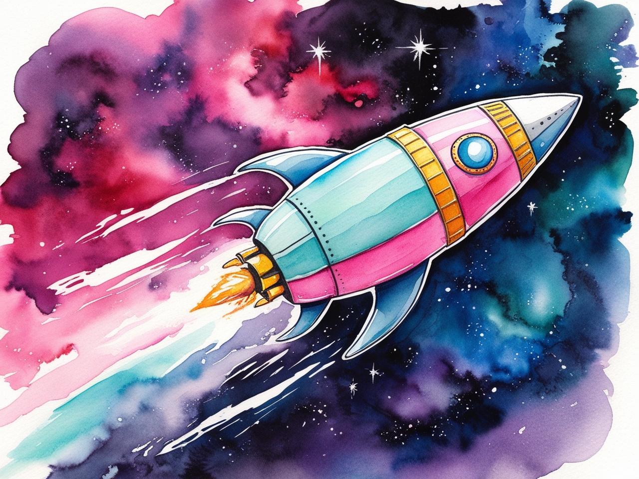 A vibrant watercolor-style illustration of a pastel pink and blue rocket ship soaring through a cosmic sky. The rocket has golden accents and a glowing blue window, leaving behind a fiery trail as it moves through a galaxy of deep blues, purples, and pinks. The swirling nebula and scattered stars add to the sense of adventure and exploration.