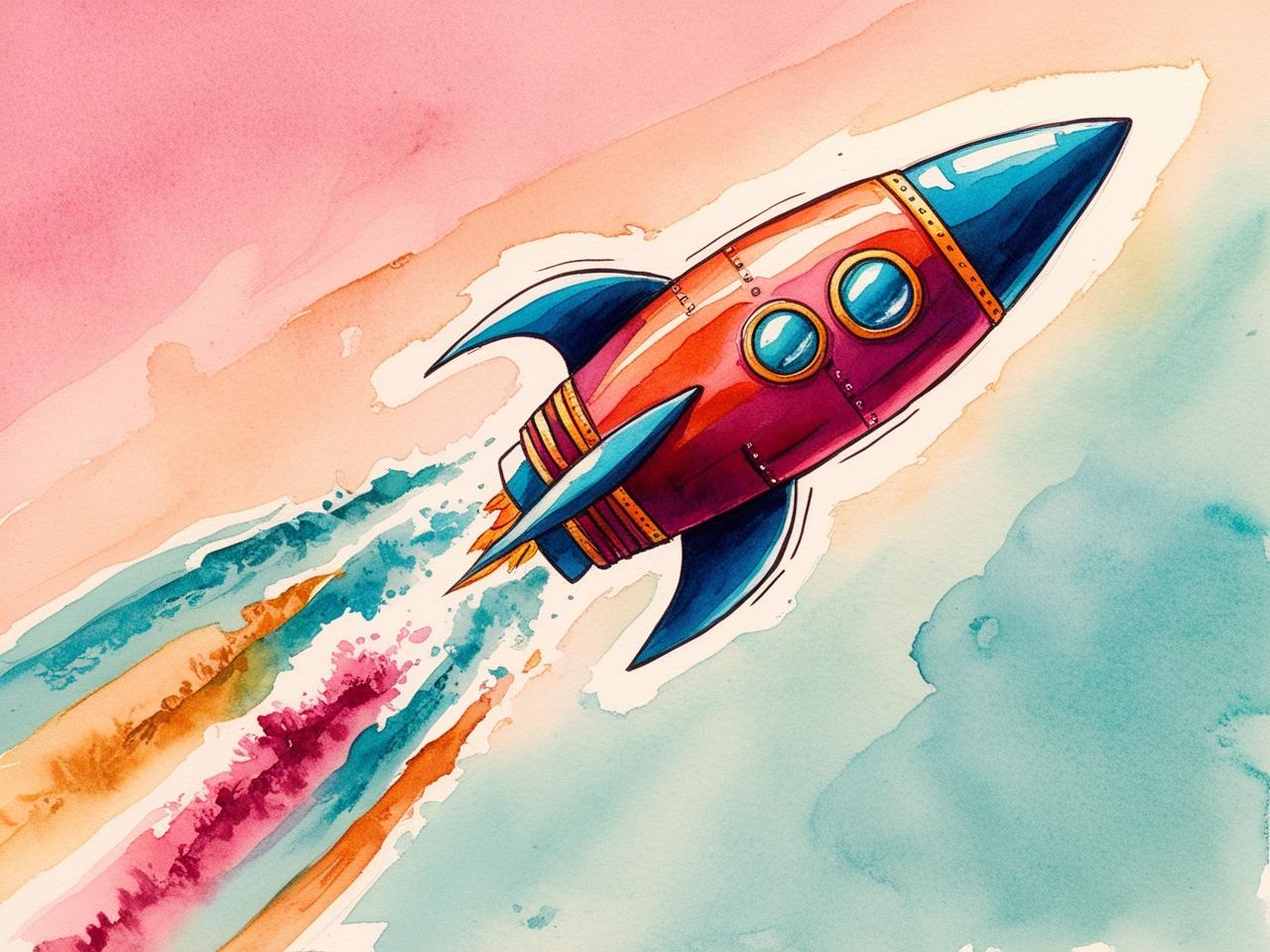 A whimsical watercolor-style illustration of a red and blue rocket ship soaring through a pastel sky. The rocket features golden accents and round windows, leaving behind a multicolored trail of blues, oranges, and pinks. The soft, dreamy background blends shades of peach and teal, creating a sense of adventure and exploration.