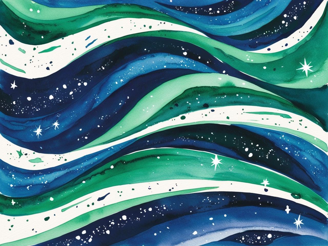 A watercolor-style illustration of a celestial scene with deep blues and vibrant greens flowing in swirling, wave-like patterns. White speckles and twinkling stars are scattered throughout, creating a cosmic and dreamlike atmosphere. The fluid movement and rich colors evoke a sense of wonder and infinite possibilities. A watercolor-style illustration of a celestial scene with deep blues and vibrant greens flowing in swirling, wave-like patterns. White speckles and twinkling stars are scattered throughout, creating a cosmic and dreamlike atmosphere. The fluid movement and rich colors evoke a sense of wonder and infinite possibilities.