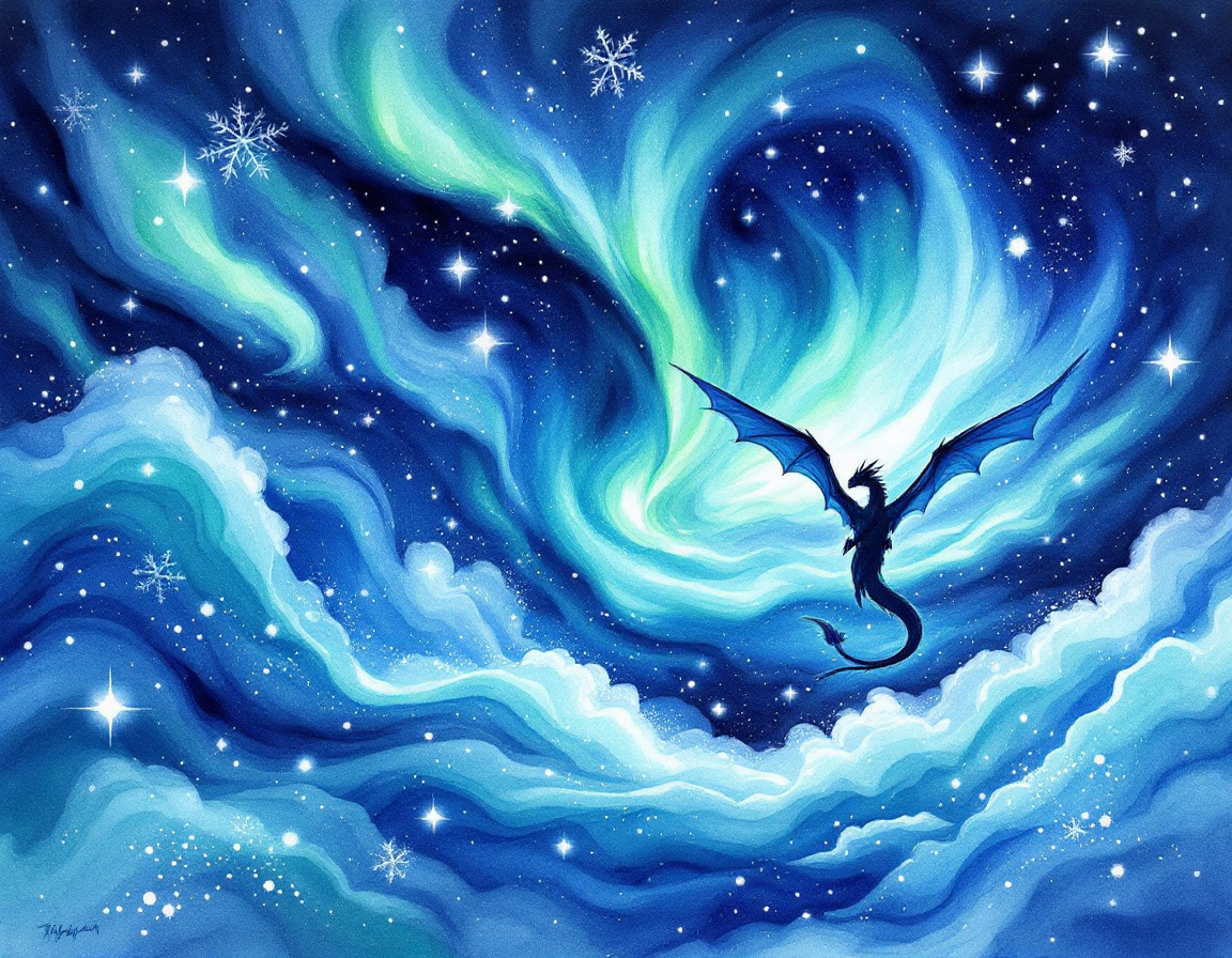 A mesmerizing digital painting of a dragon with outstretched wings soaring through a swirling, celestial sky. The scene is filled with vibrant shades of blue and teal, resembling an ethereal aurora, with twinkling stars and delicate snowflakes scattered throughout. The glowing atmosphere and flowing clouds create a sense of magic, mystery, and adventure. A mesmerizing digital painting of a dragon with outstretched wings soaring through a swirling, celestial sky. The scene is filled with vibrant shades of blue and teal, resembling an ethereal aurora, with twinkling stars and delicate snowflakes scattered throughout. The glowing atmosphere and flowing clouds create a sense of magic, mystery, and adventure.