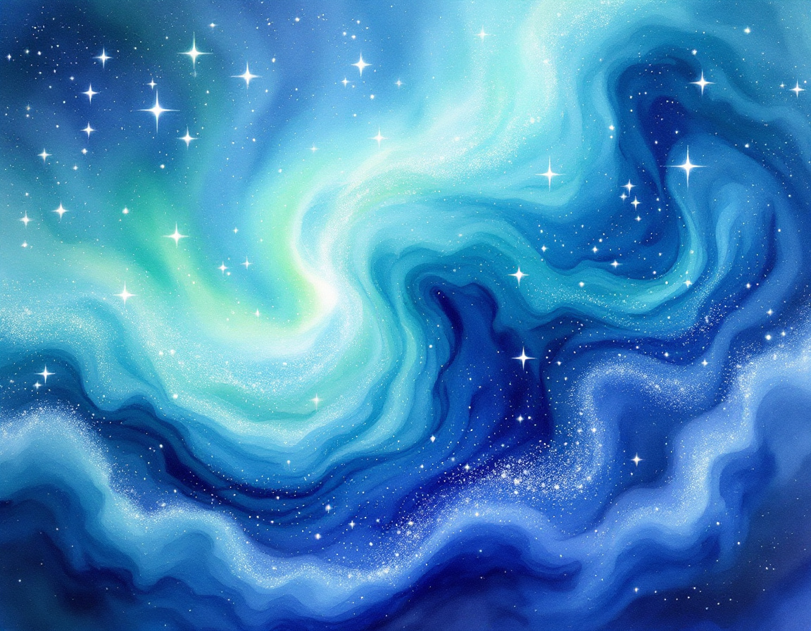 A vibrant digital painting of a celestial scene with swirling shades of blue, teal, and white resembling a cosmic nebula. Twinkling stars are scattered across the glowing, fluid patterns, creating a dreamy, ethereal atmosphere. The luminous composition evokes a sense of wonder, vastness, and the mysteries of the universe. A vibrant digital painting of a celestial scene with swirling shades of blue, teal, and white resembling a cosmic nebula. Twinkling stars are scattered across the glowing, fluid patterns, creating a dreamy, ethereal atmosphere. The luminous composition evokes a sense of wonder, vastness, and the mysteries of the universe.