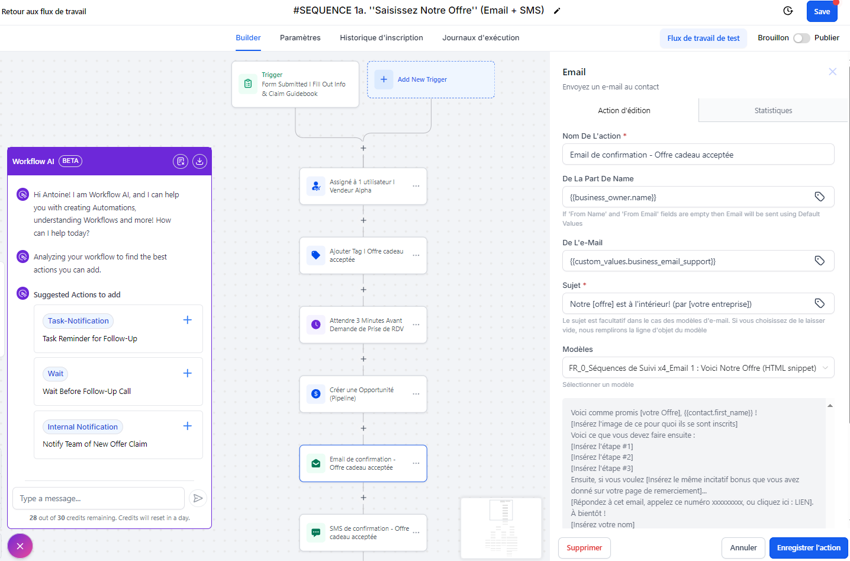 Exemple d'un flux de travail incluant emails et SMS prêt à l'emploi, et disponible exclusivement soit via notre formule PRO, ou par inscription directe à HighLevel via notre lien d'affiliation. Vous savez nous contacter si jamais cela vous semble intéressant I the9keys.fr Exemple d'un flux de travail incluant emails et SMS prêt à l'emploi, et disponible exclusivement soit via notre formule PRO, ou par inscription directe à HighLevel via notre lien d'affiliation. Vous savez nous contacter si jamais cela vous semble intéressant I the9keys.fr