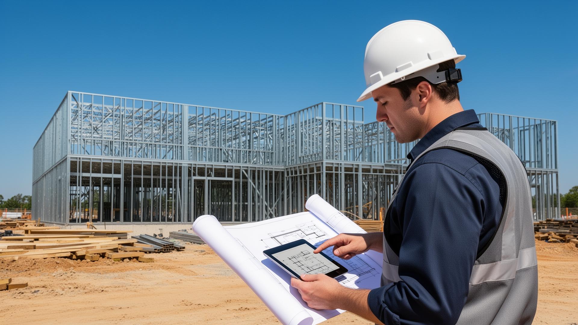 General contractor reviewing blueprints on tablet at construction site