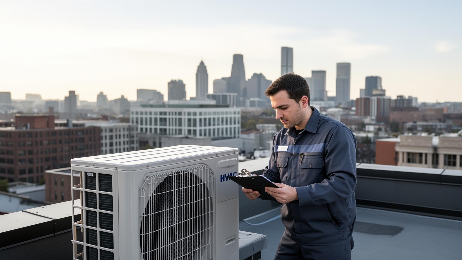 HVAC technician inspecting air conditioning unit on rooftop