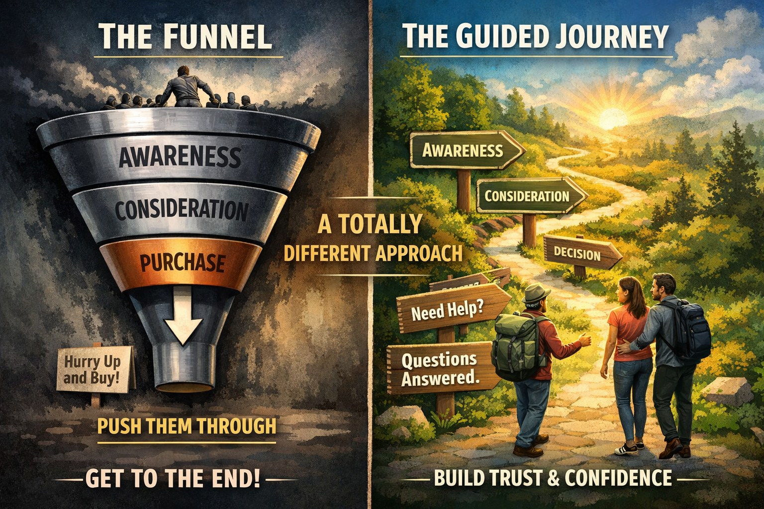Marketing funnel versus guided journey, showing the difference between pushing buyers and guiding them.