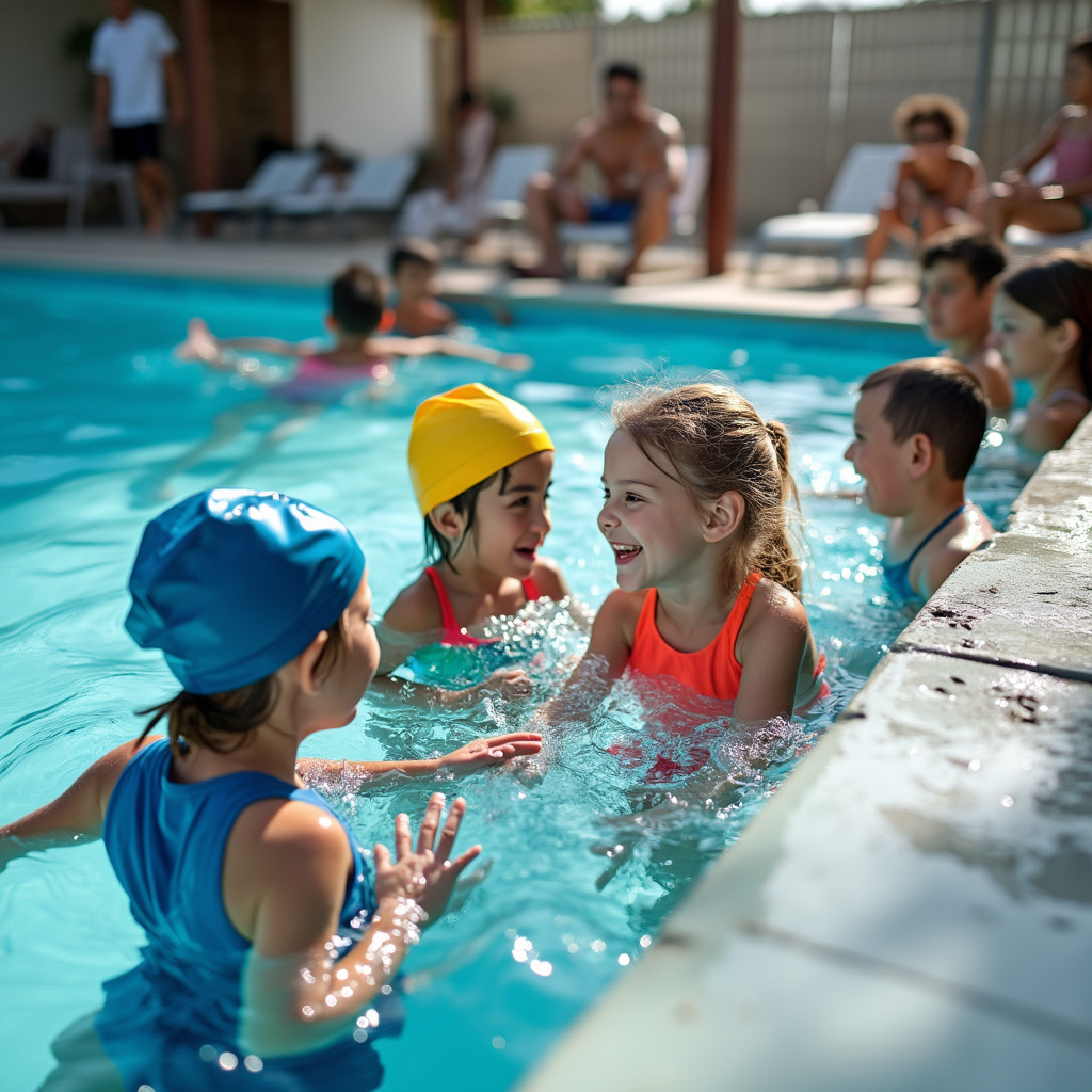 Clase de natación para niños como medida preventiva para mejorar la seguridad en la piscina.