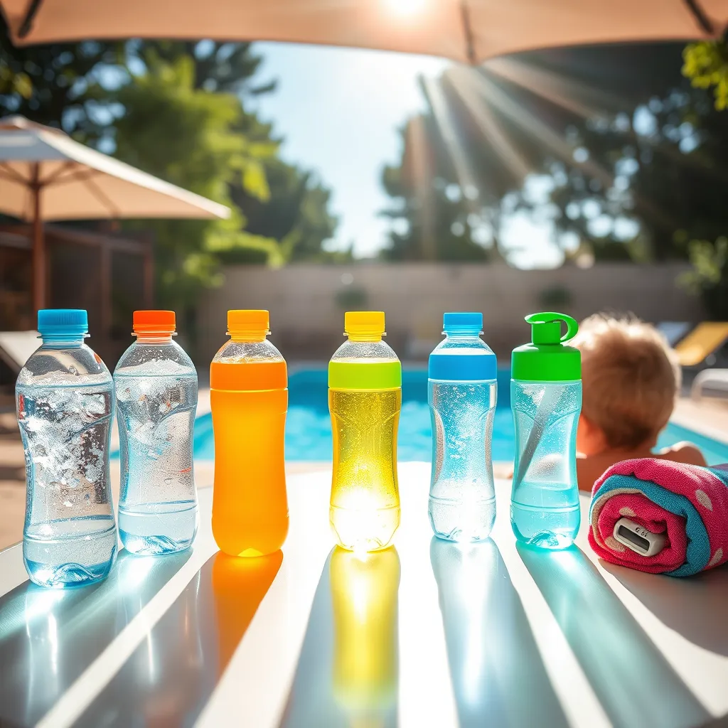 Botellas de agua y bebidas con electrolitos listas para mantener a los niños hidratados durante el día de piscina. Botellas de agua y bebidas con electrolitos listas para mantener a los niños hidratados durante el día de piscina.