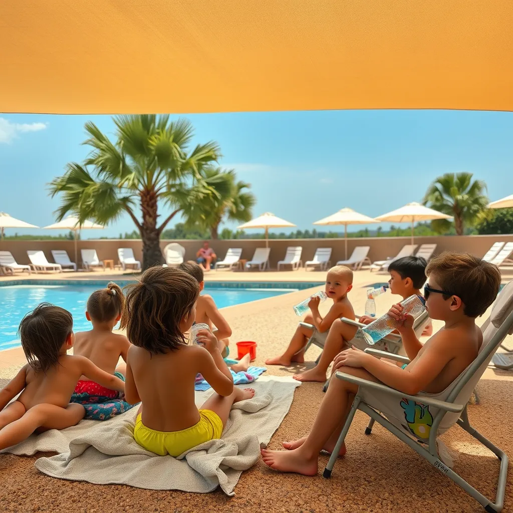 Niños jugando bajo la sombra en la piscina, protegidos del sol y del calor para evitar golpes de calor. Niños jugando bajo la sombra en la piscina, protegidos del sol y del calor para evitar golpes de calor.