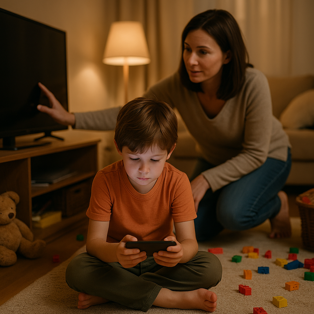 Mor skrur av TV-en mens barnet sitter på gulvet og ser på skjerm, omgitt av leker – illustrerer viktigheten av å fjerne distraksjoner for barn med ADHD. Mor skrur av TV-en mens barnet sitter på gulvet og ser på skjerm, omgitt av leker – illustrerer viktigheten av å fjerne distraksjoner for barn med ADHD.