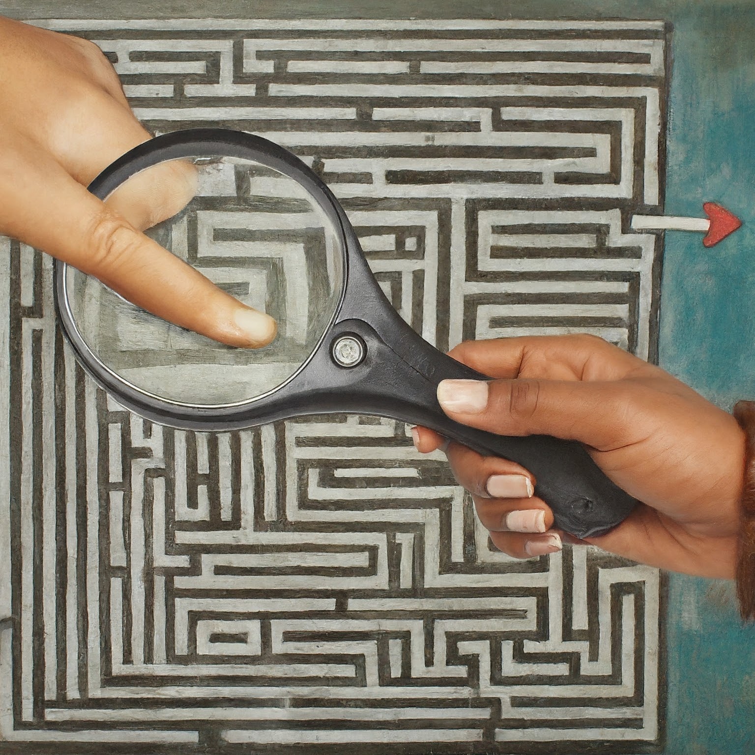 Maze representing franchise choices, hand with magnifying glass for guidance.