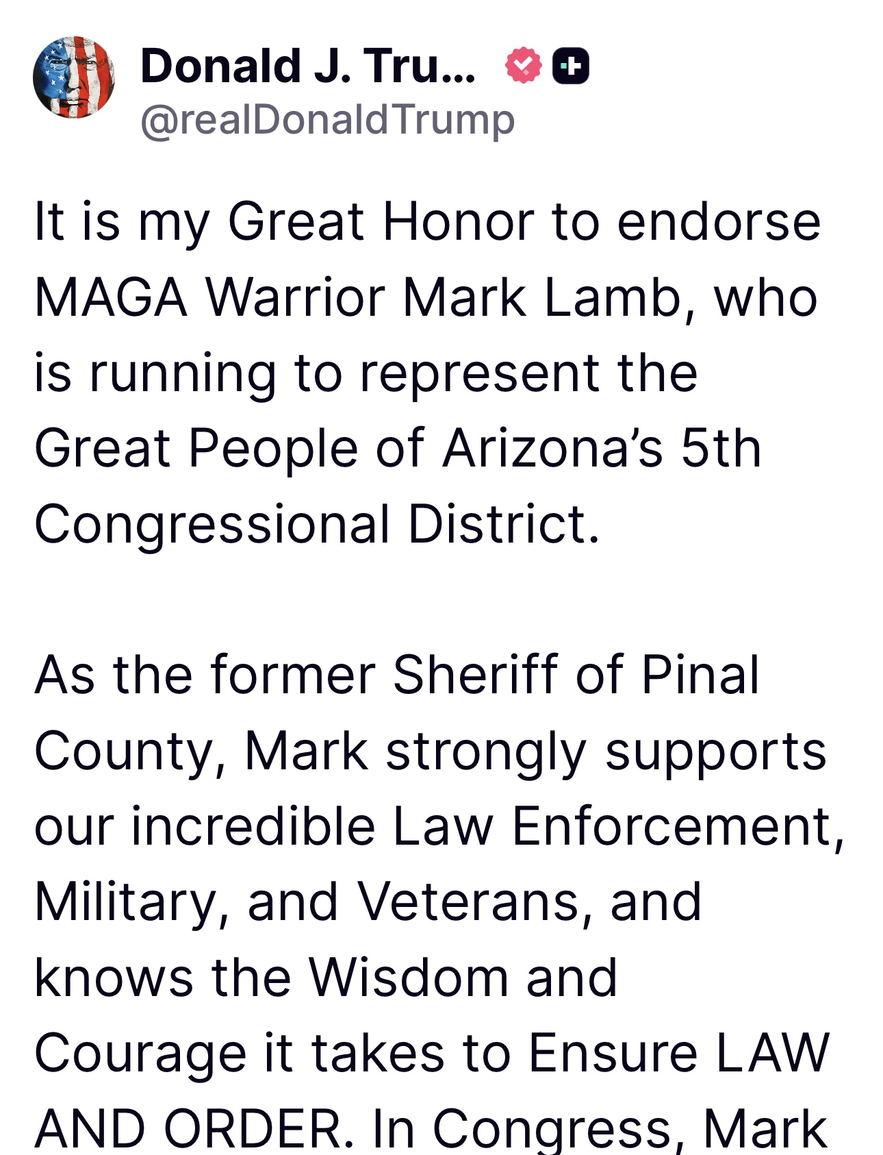 Donald Trump Truth Social Post Endorsing Mark Lamb