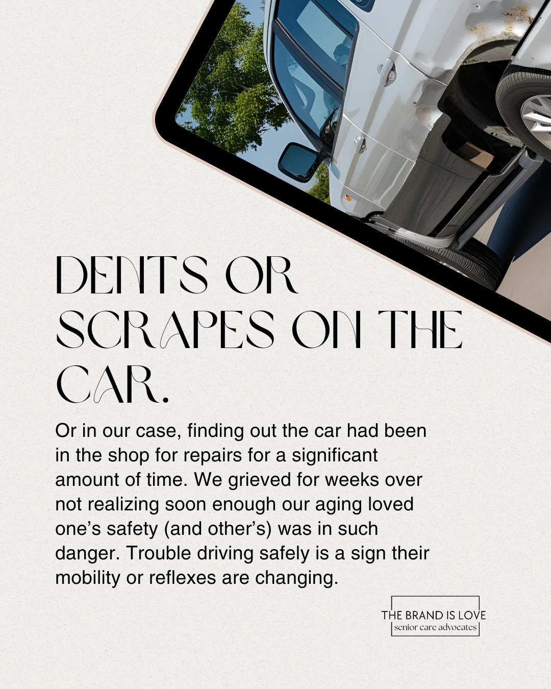 Showcasing a dented car to provide a visual for the importance of their safety and others when it is time to consider assisted living and being driven around. Showcasing a dented car to provide a visual for the importance of their safety and others when it is time to consider assisted living and being driven around.