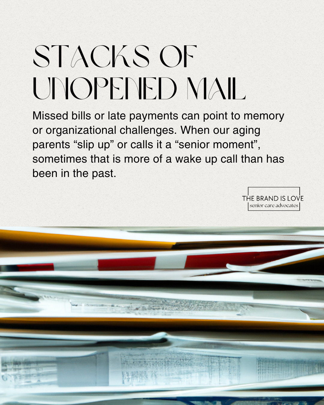 Stacks of mail that has piled up showcasing the sign that it may be time for assisted living for the aging parent. Stacks of mail that has piled up showcasing the sign that it may be time for assisted living for the aging parent.