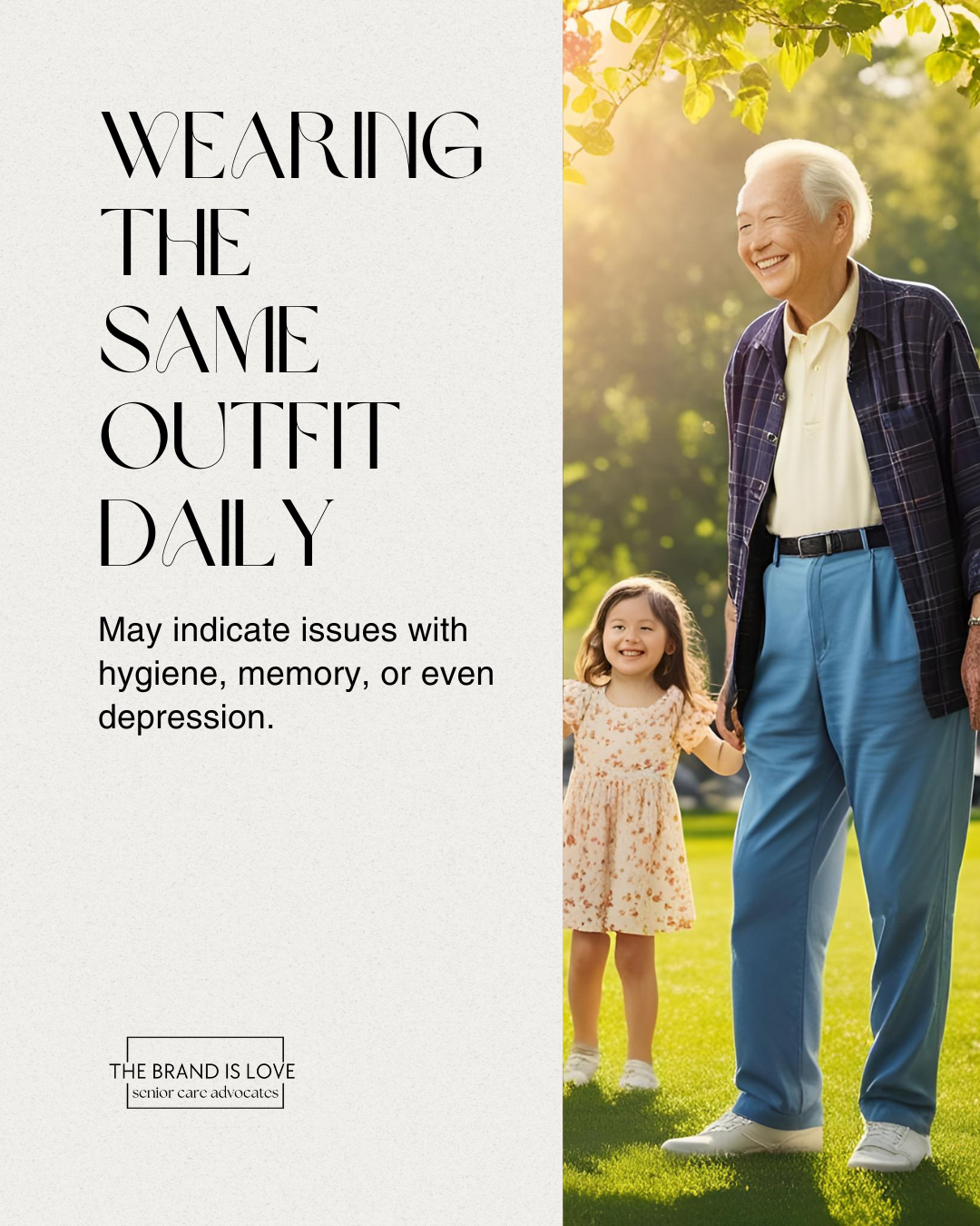 Elderly man standing in a field with a young child showcasing his outfit and the concern it should be when outfits are repeated. Elderly man standing in a field with a young child showcasing his outfit and the concern it should be when outfits are repeated.
