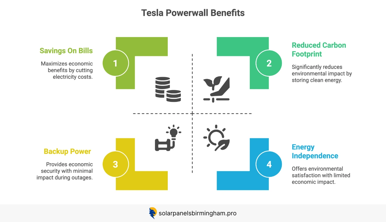 Infographic that details the multiple benefits of installing a Tesla Powerwall solar battery.