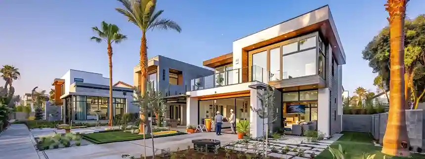 a modern adu under construction in a sleek orange county neighborhood, featuring a stucco exterior and coastal california architectural style, with contractors intently discussing blueprints against a backdrop of stylish homes and palm trees.