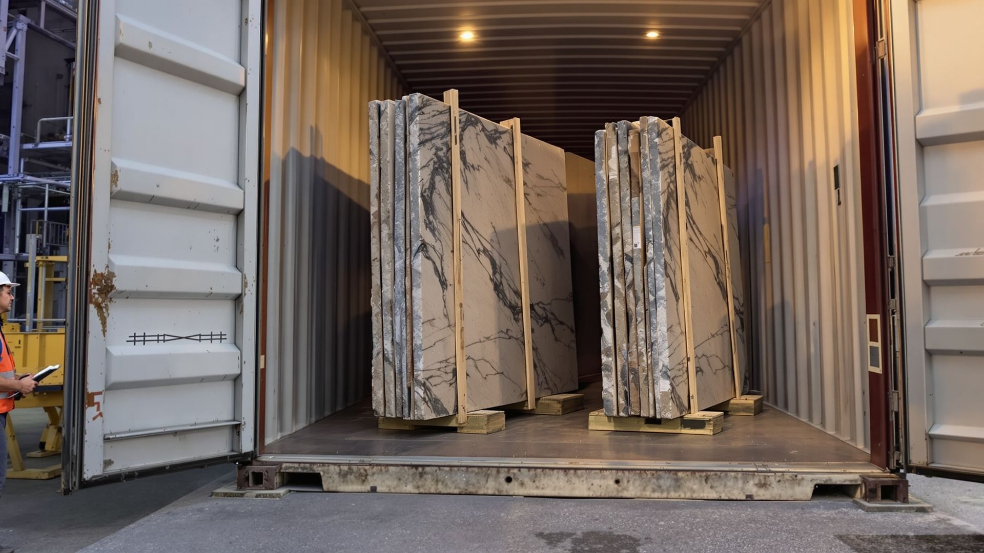 Open stone shipping container with upright bundles — worker performing safe unloading inspection. Open stone shipping container with upright bundles — worker performing safe unloading inspection.