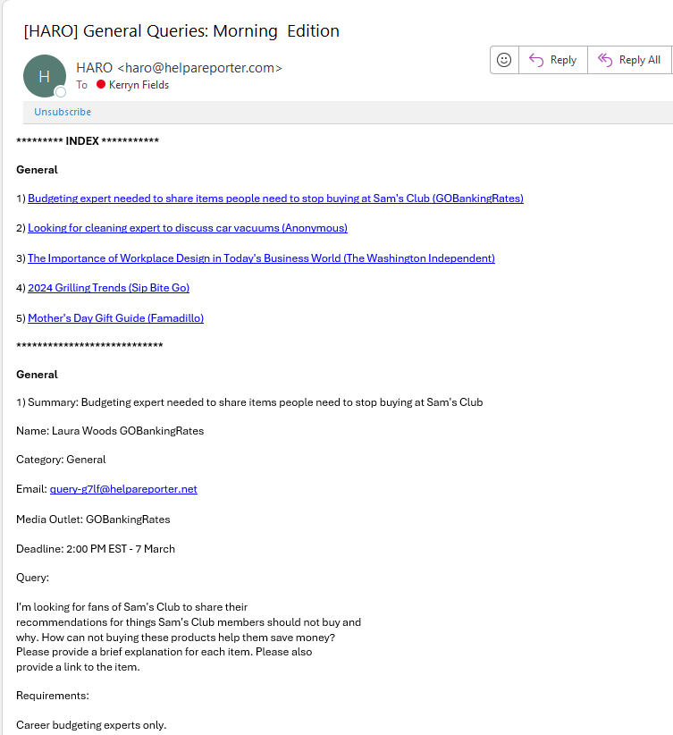 Screenshot of HARO email example