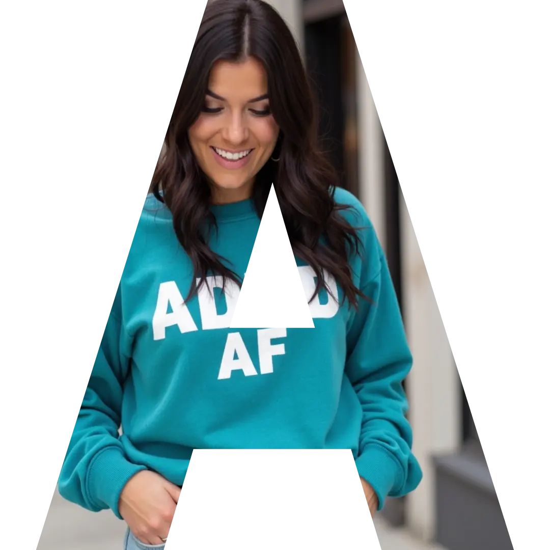 Alyece in teal ADHD AF sweatshirt