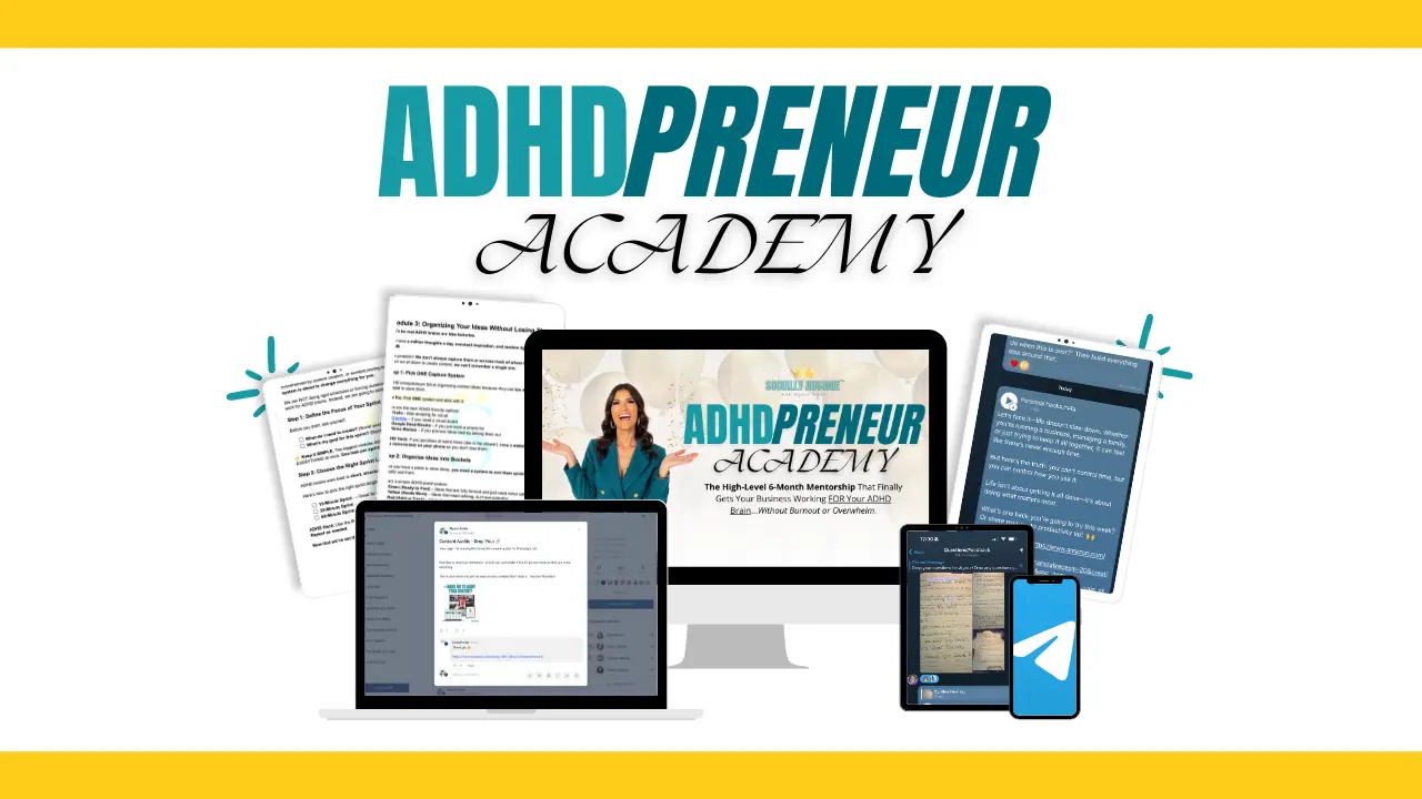 ADHDPRENEUR Academy laptop presentation showing the mentorship program