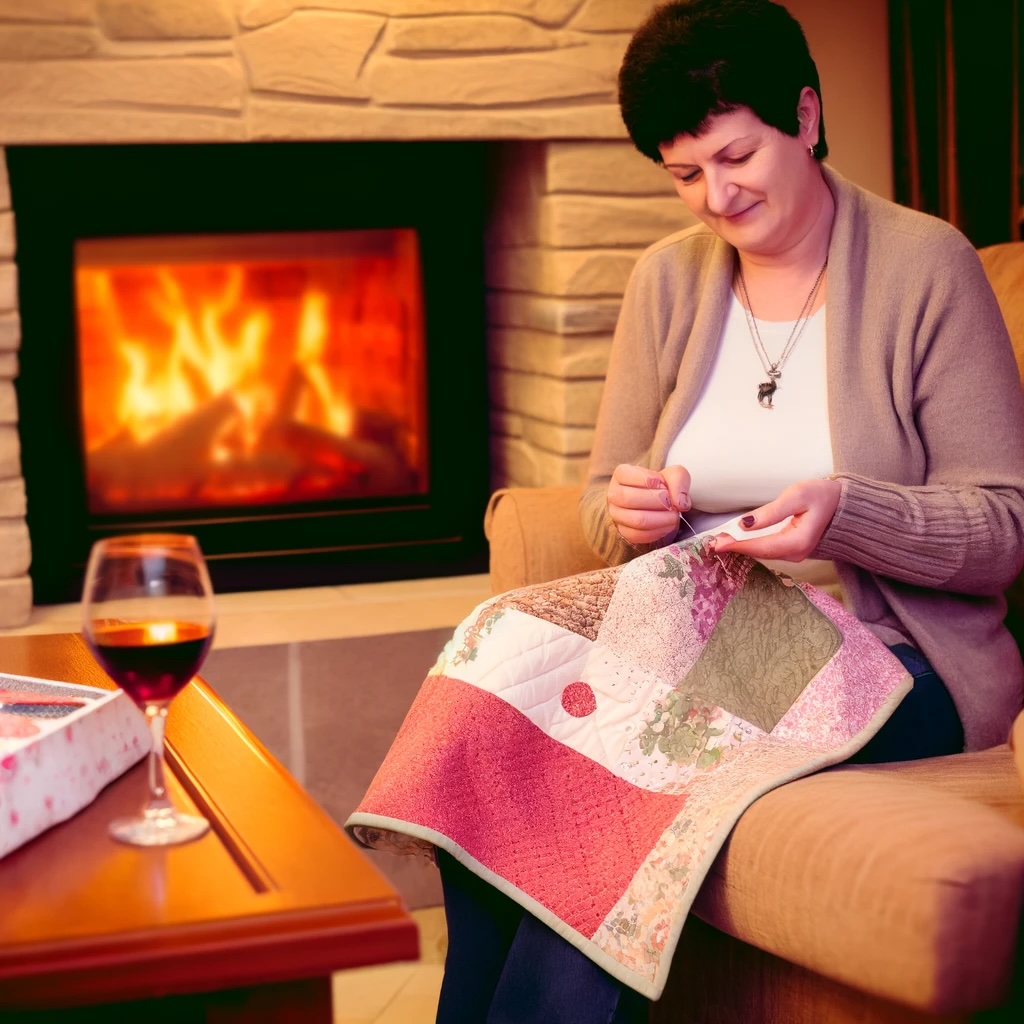 Lady quilting by the fire with glass of red wine