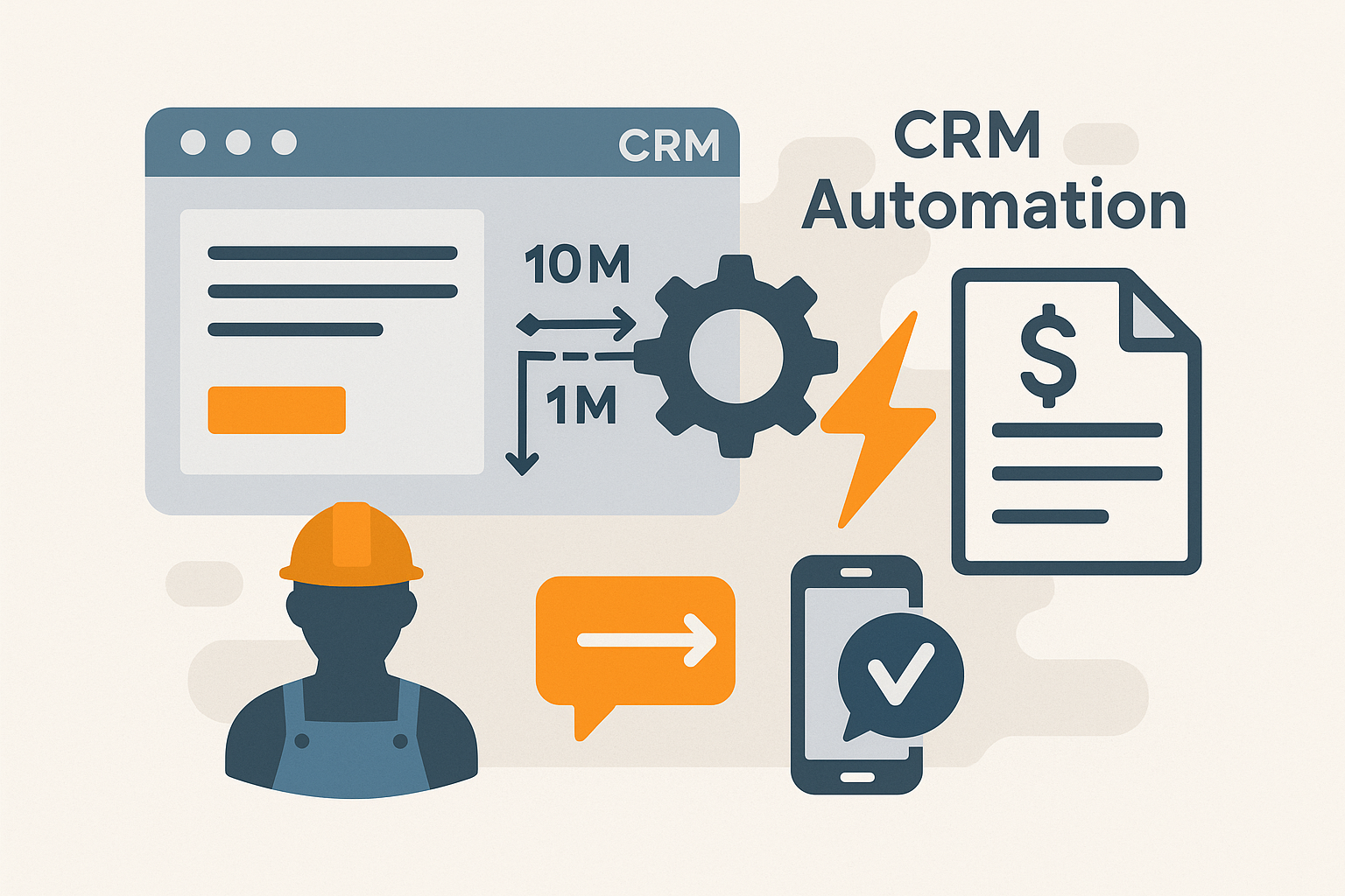 Illustration of CRM automation for a trades business, showing a web form, gears, a lightning bolt, a mobile phone with a checkmark, and a construction worker icon. Illustration of CRM automation for a trades business, showing a web form, gears, a lightning bolt, a mobile phone with a checkmark, and a construction worker icon.