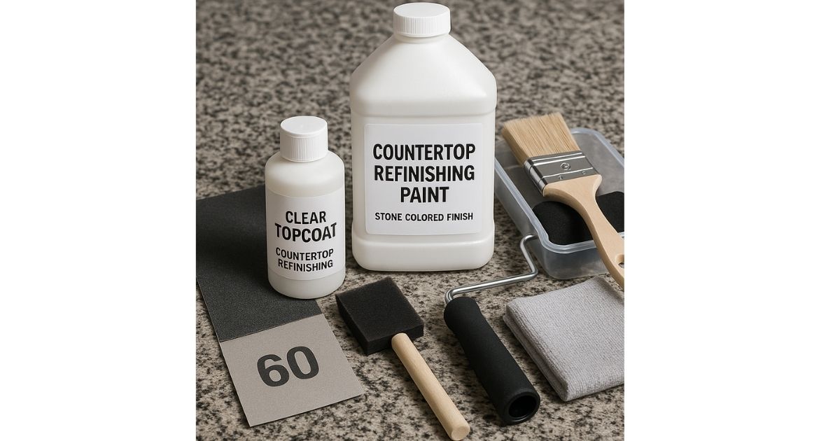 DIY countertop refinishing kit tools including paint, roller, and bonding primer DIY countertop refinishing kit tools including paint, roller, and bonding primer