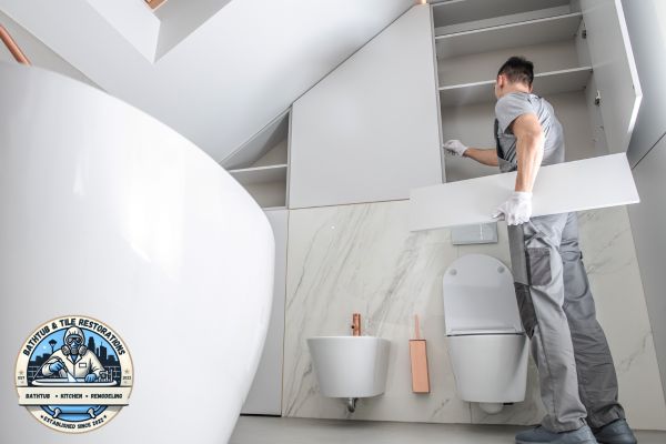 Contractor installing bathroom cabinets
