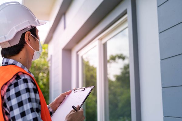 Home inspector in safety gear examining exterior siding and windows with a clipboard.