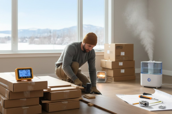 man installing  a flooring in winter