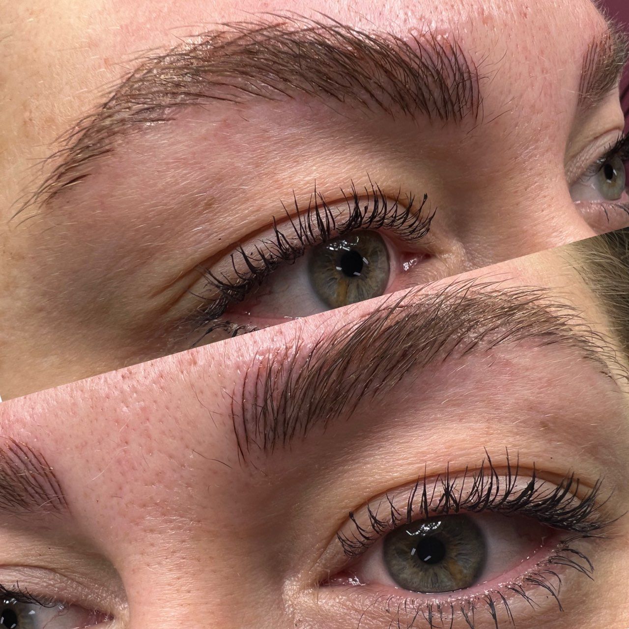 Close-up image of a woman's beautifully microbladed brows at our Hobart clinic, showcasing the natural-looking results of feather touch eyebrows.