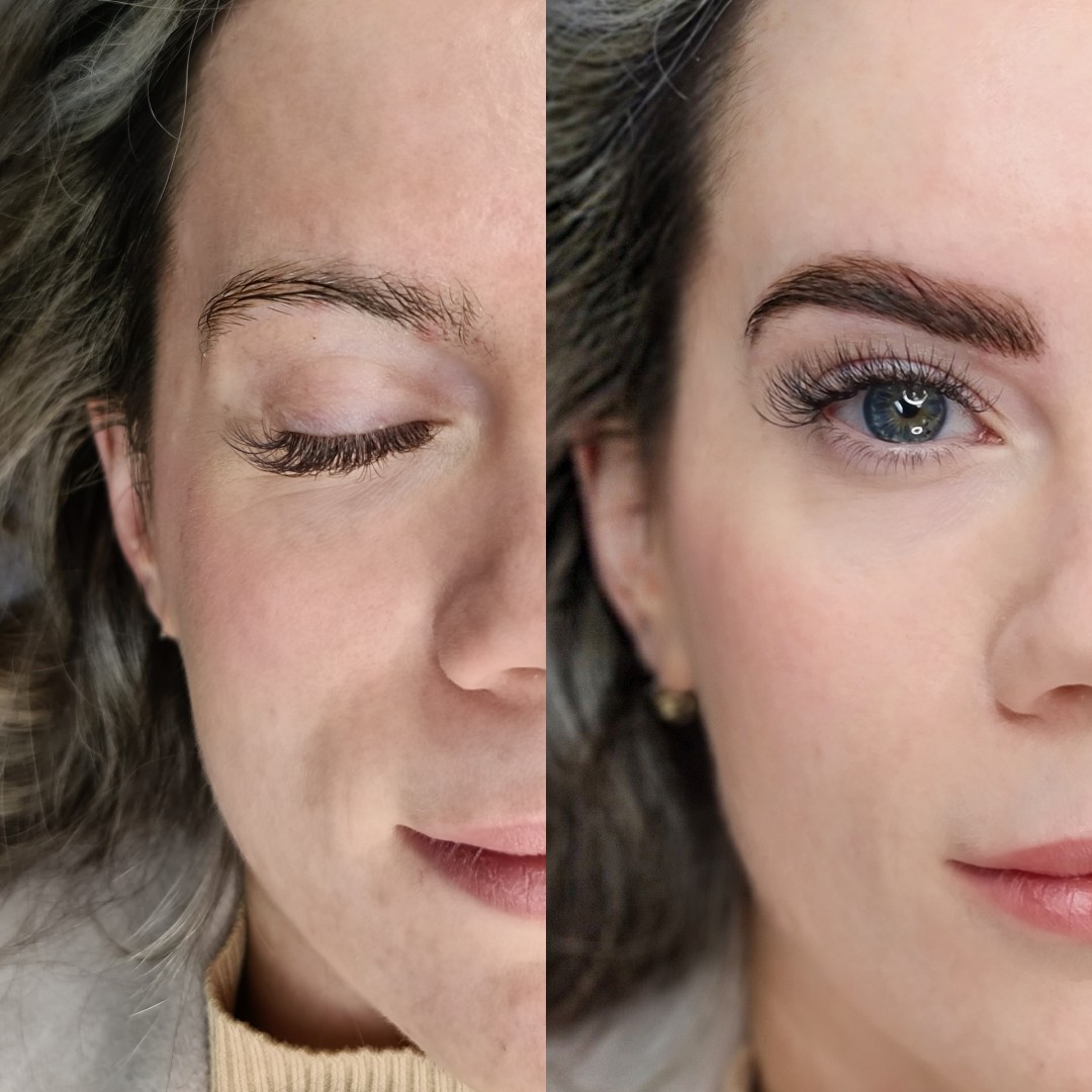 young woman pictured before and after a brow lamination