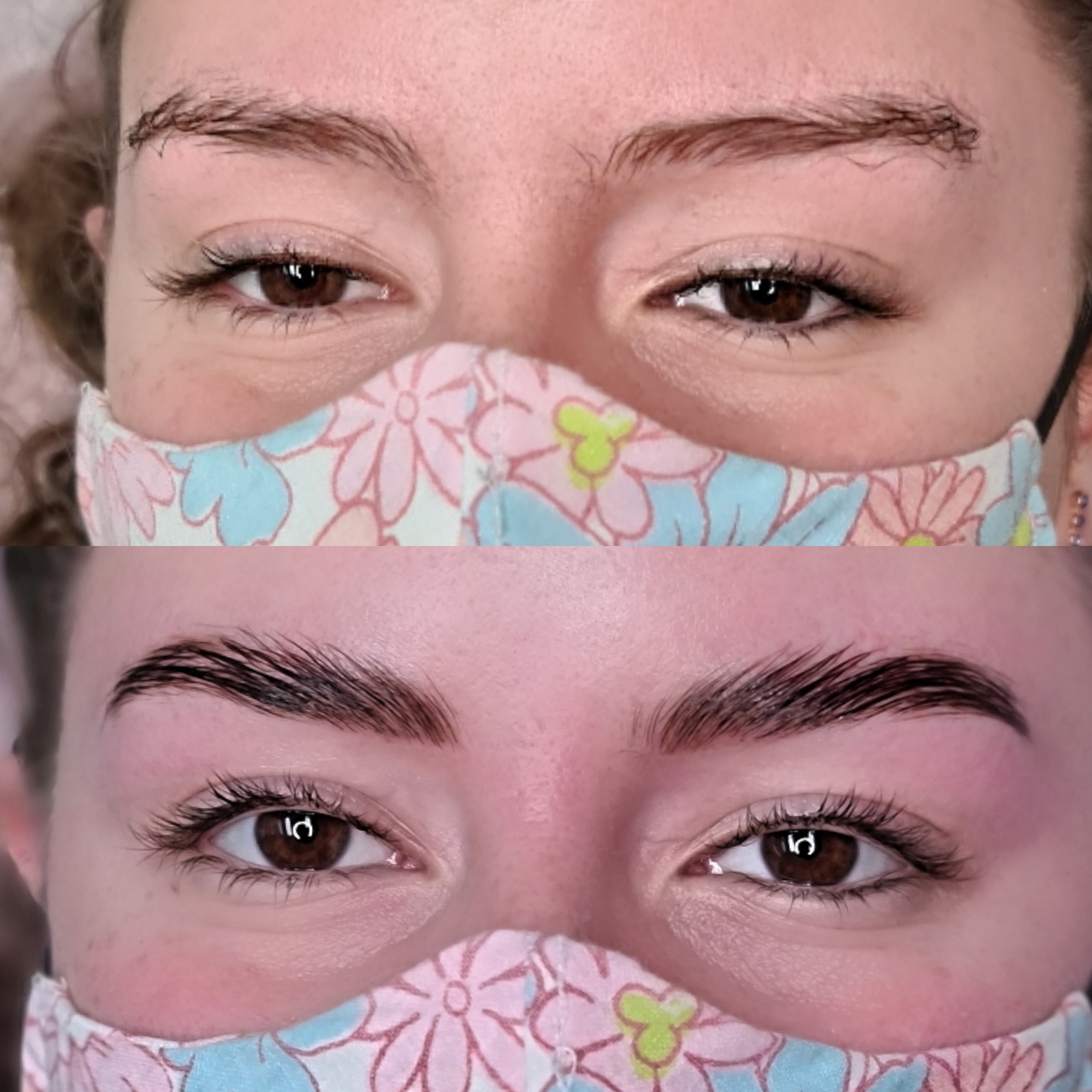 brow lamination before and after - pictured unruly hair