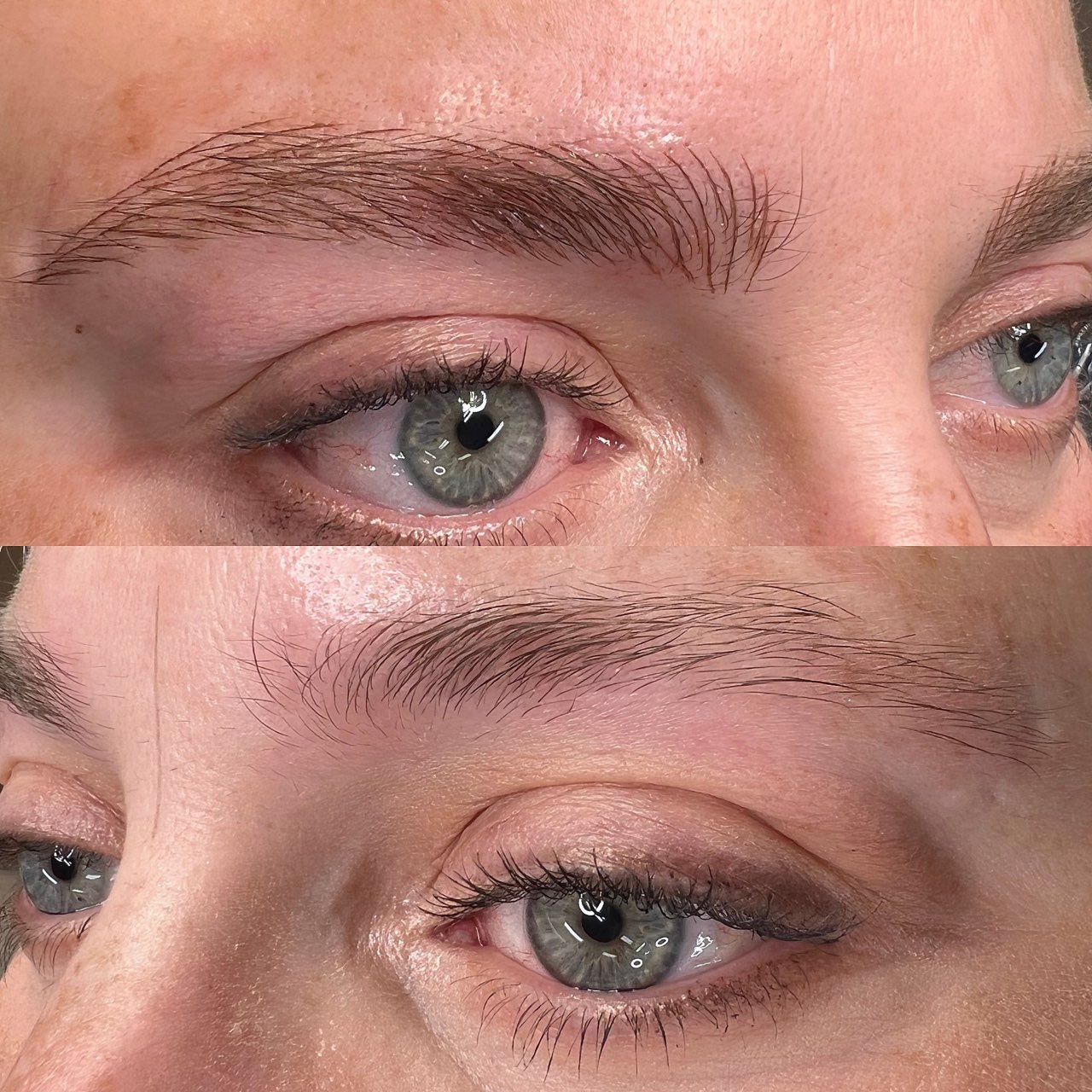 Close-up image of a woman's beautifully microbladed brows at our Hobart clinic, showcasing the natural-looking results of feather touch eyebrows.