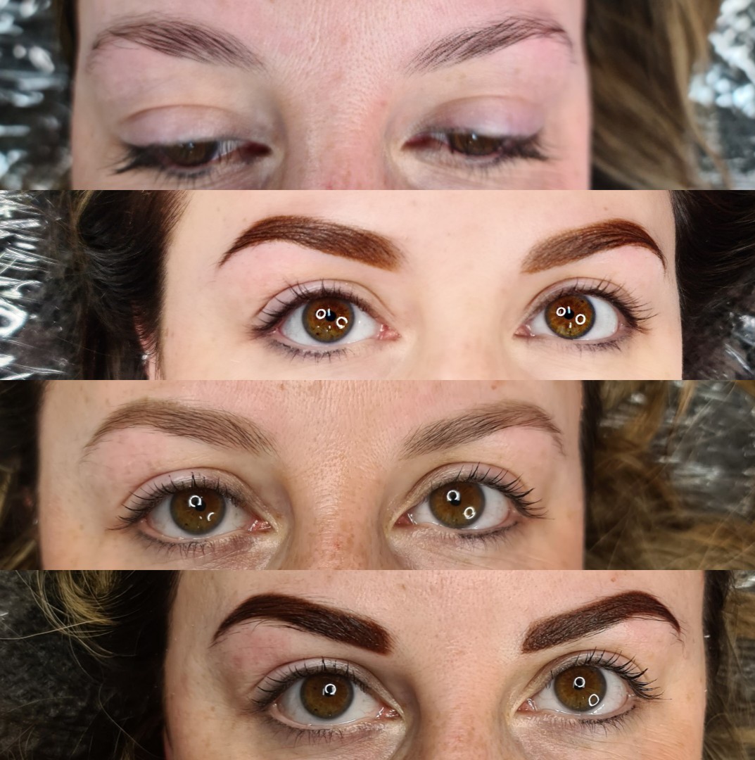 Image of a client at a Hobart clinic post-powder brows procedure, highlighting the fullness and symmetry achieved through this eyebrow tattoo technique.