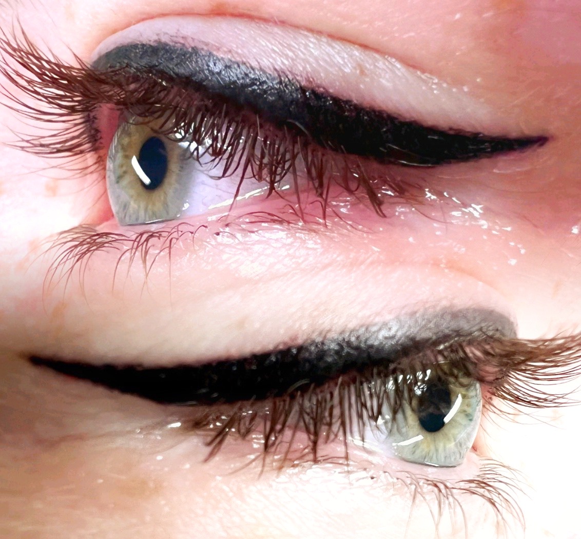 Detailed image of a winged eyeliner tattoo, highlighting the bold and stylish look achieved through this technique.