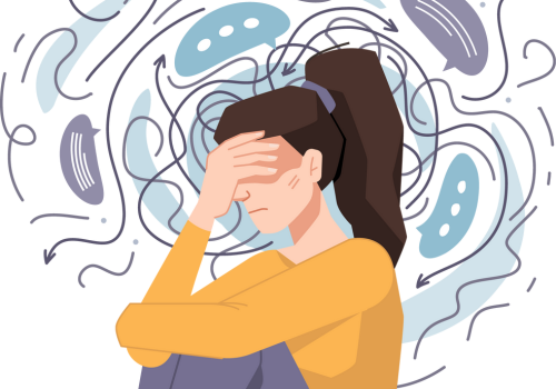 Graphic of woman holding head in pain with thought bubbles